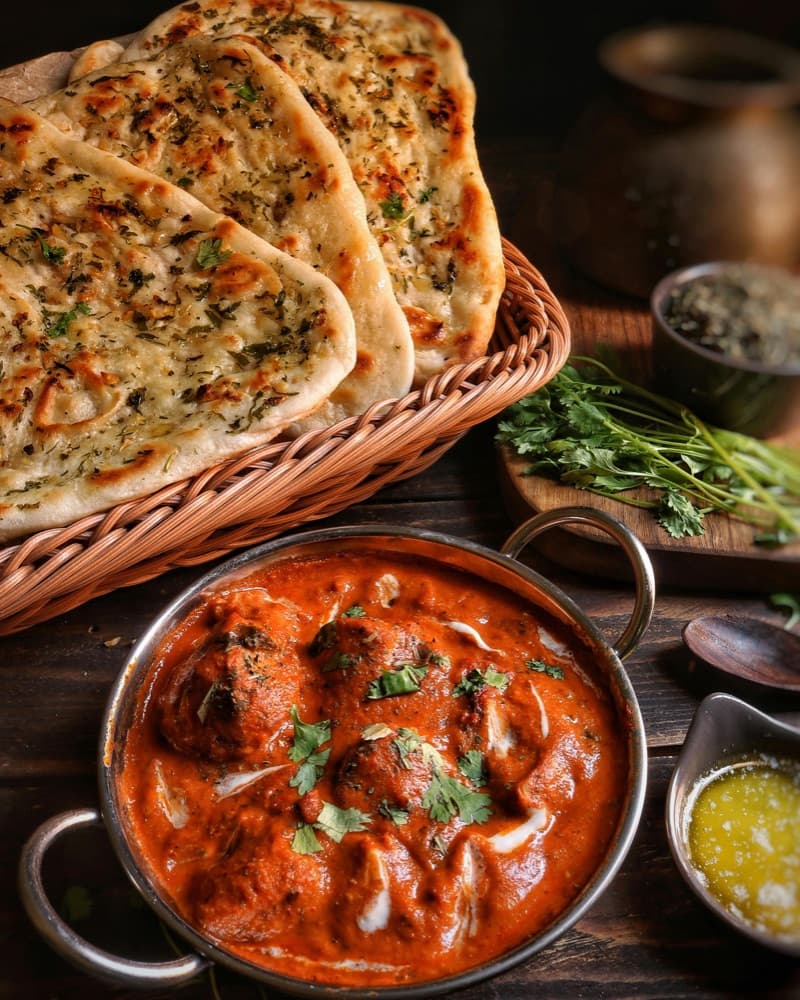 Kofta meatballs in tomato gravy with garlic naan